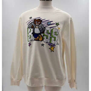 Bleecker & Mercer Cream Bear Embroidered Pull Over Crew Neck Sweater NWT- XL